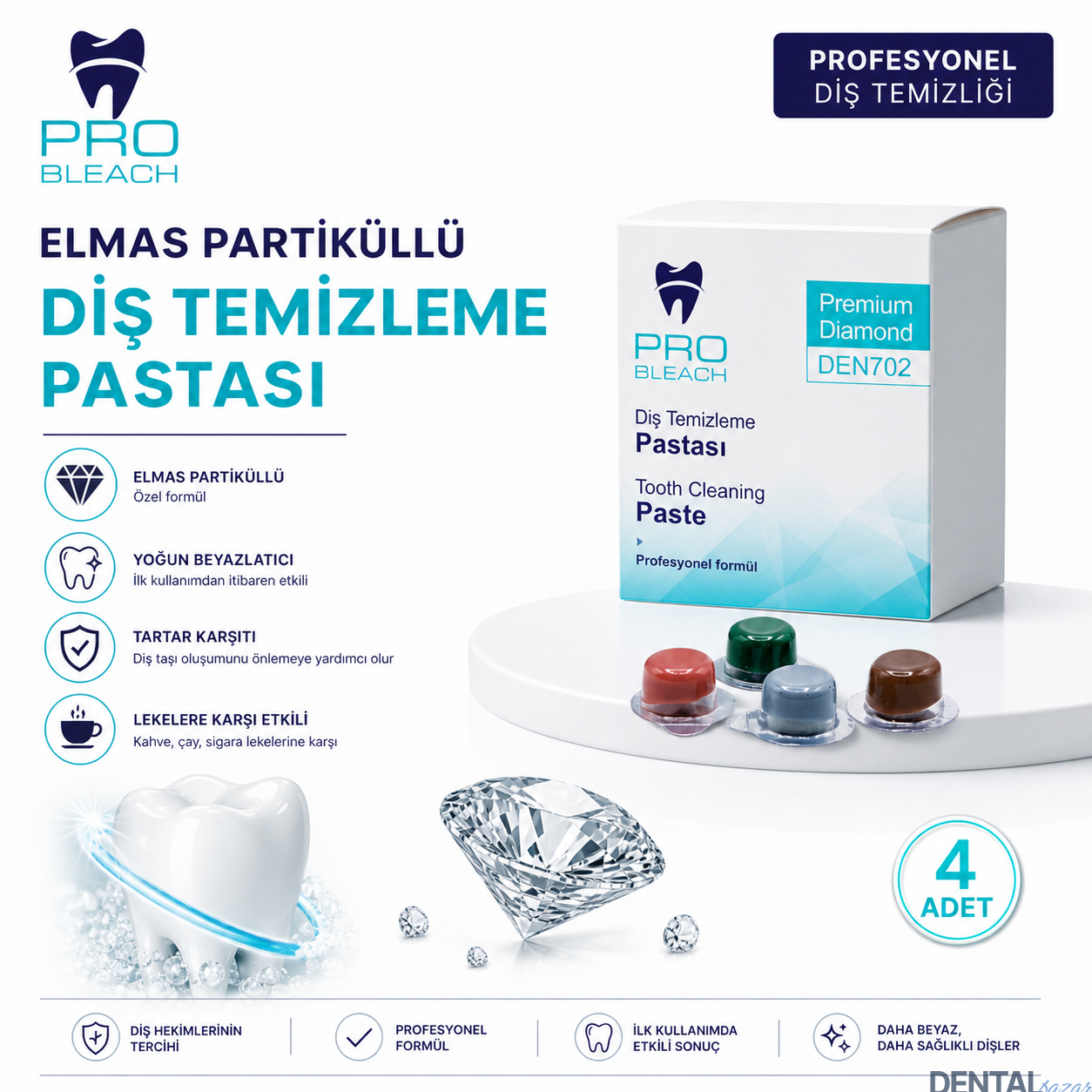 Elmas Partiküllü Diş Temizleme Pastası 4 Adet | Yoğun Beyazlatıcı & Tartar Karşıtı Profesyonel Bakım