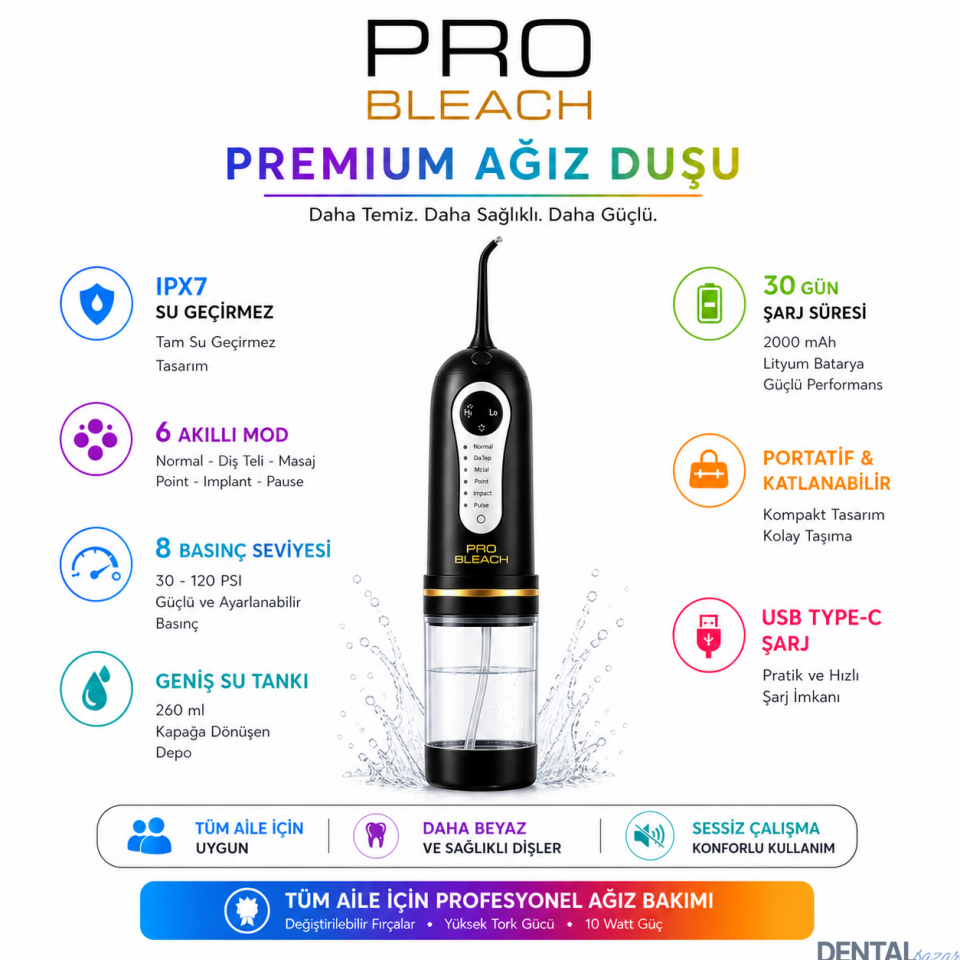 Pro bleach Ultra Portatif Ağız Temizleme Duşu | 8 Basınç Ayarlı | 6 Modlu | Aile Tipi