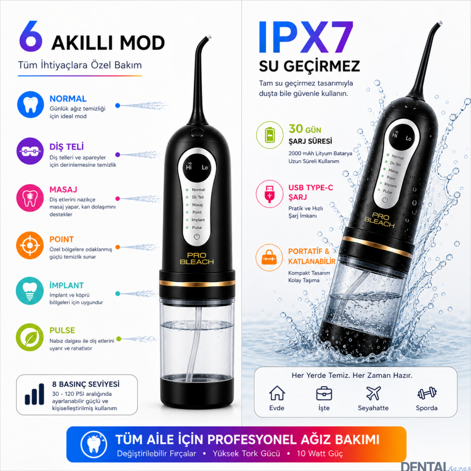 Pro bleach Ultra Portatif Ağız Temizleme Duşu | 8 Basınç Ayarlı | 6 Modlu | Aile Tipi