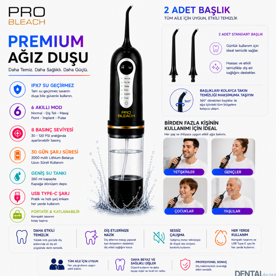 Pro bleach Ultra Portatif Ağız Temizleme Duşu | 8 Basınç Ayarlı | 6 Modlu | Aile Tipi