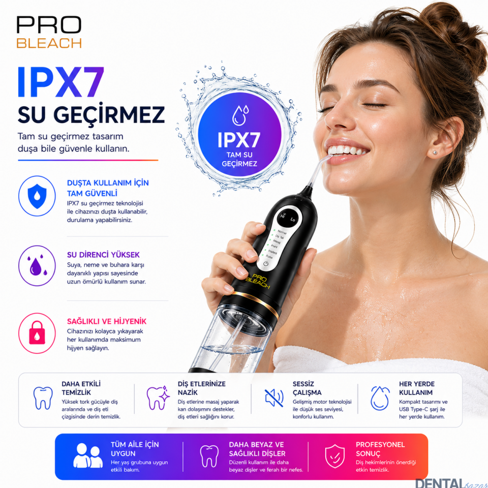 Pro bleach Ultra Portatif Ağız Temizleme Duşu | 8 Basınç Ayarlı | 6 Modlu | Aile Tipi